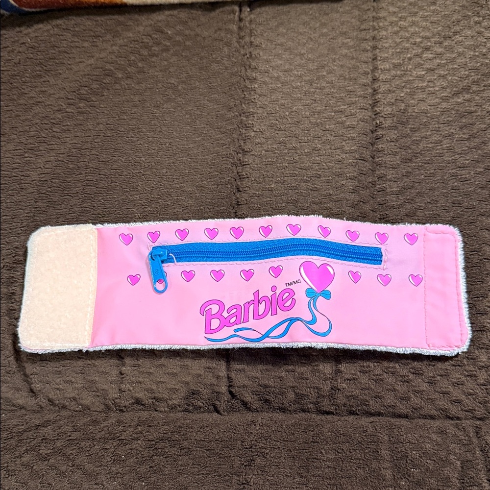 Vintage 1990s Barbie Pink Heart Wristband Pocket Safety Wallet with Blue Zipper